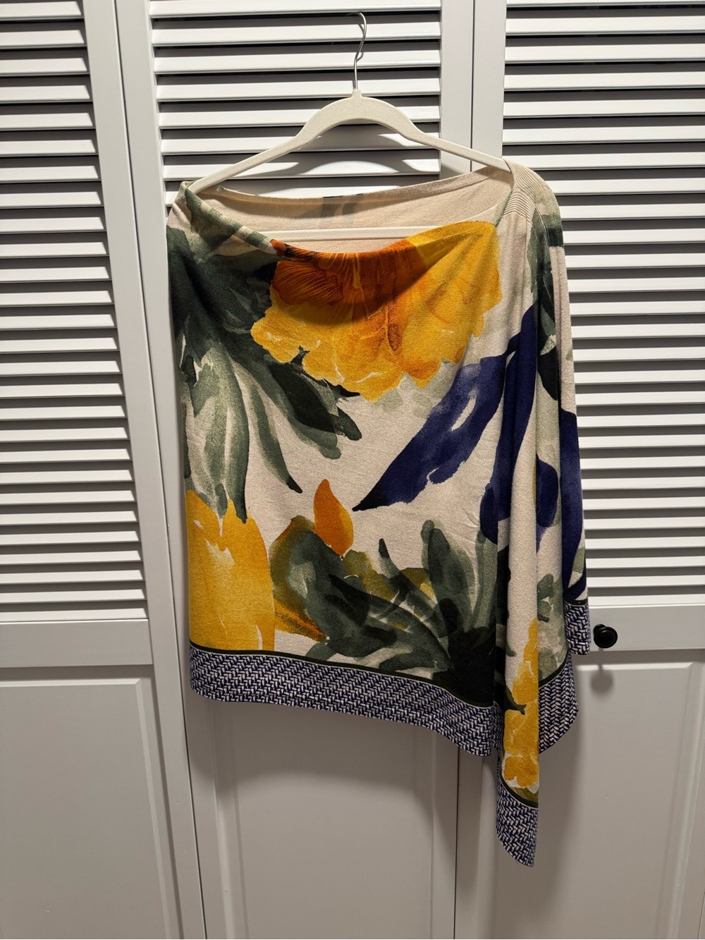 Floral Knit Boatneck Asymmetrical Poncho/Sweater in Yellow, Green & Blue